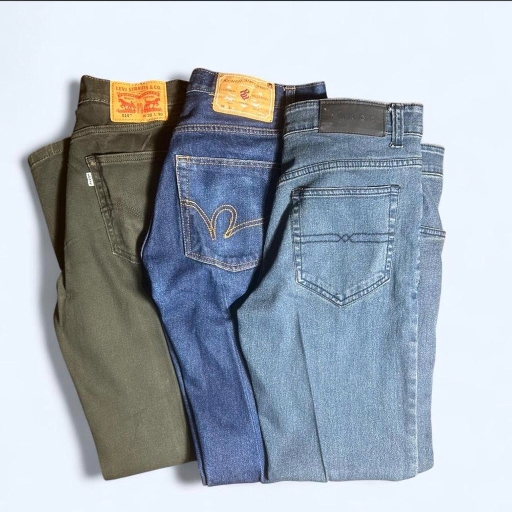 Men’s jeans lot/Mixed-Brand Men's Jeans Trio - Olive, Dark Blue, Light Blue